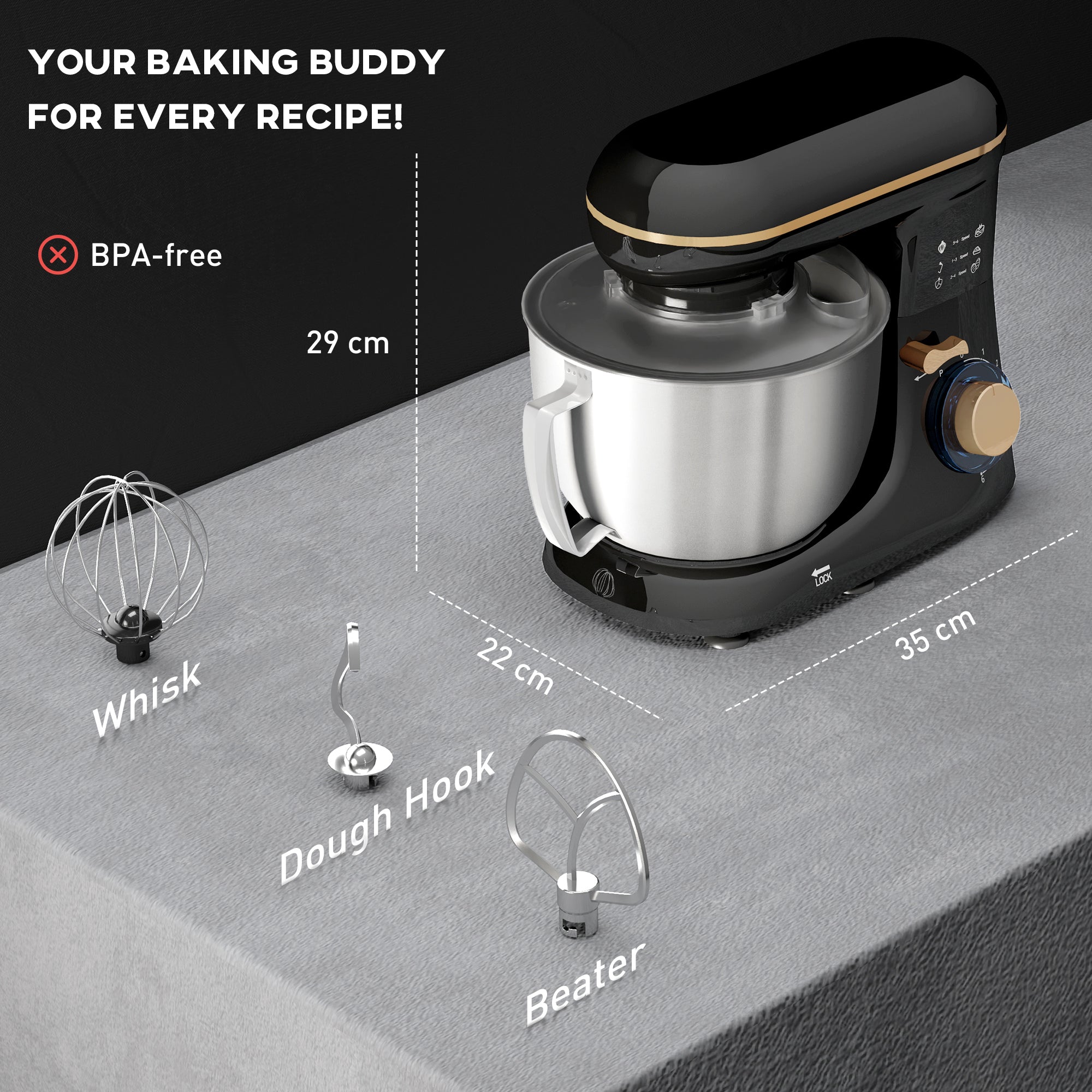 1300W Kitchen Stand Mixer, With Accessories - Black